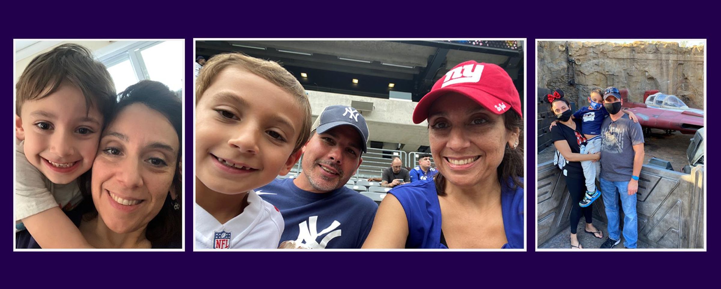 Collage of Nancy Kennedy with her husband and son smiling at the camera at a baseball game and an amusement park.