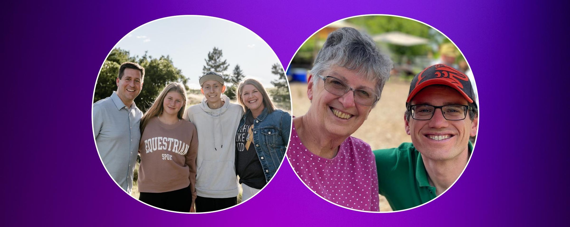 Purple gradient background with an image of Ryan with his family and Scott with his mother.