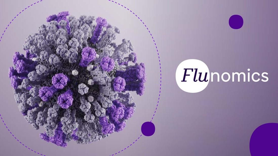 3D rendering of a purple and gray influenza virus particle on a gradient purple background.