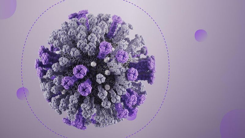 3D rendering of a purple and gray influenza virus particle on a gradient purple background.