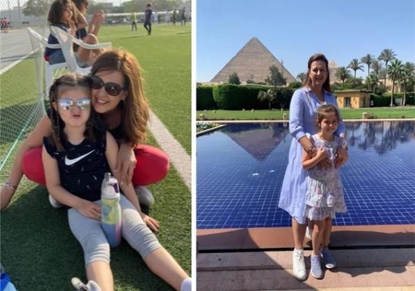 A collage of two images showing Lilya Ziad and her daughter at a soccer game and standing with puramids in the background.