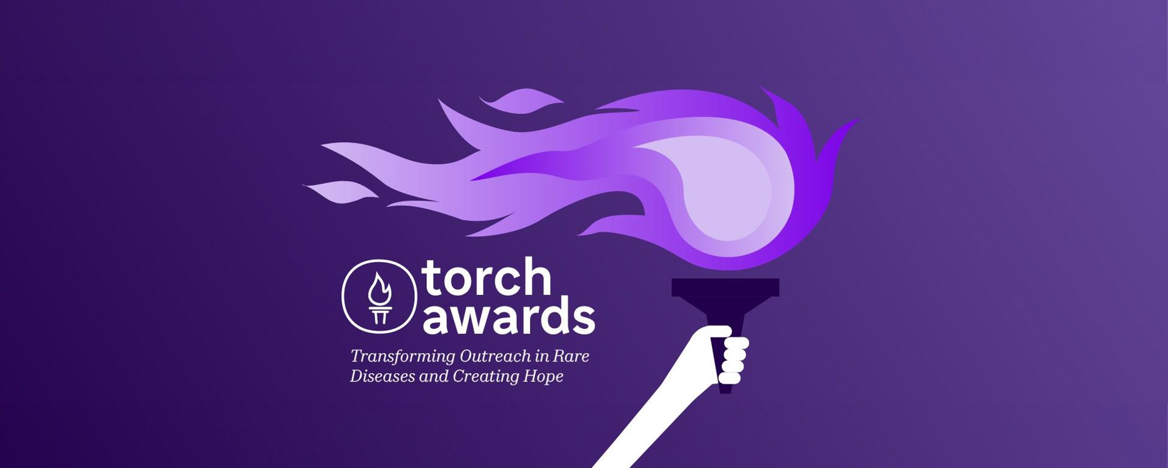 Illustration with dark purple background and a torch in the middle that says, "TORCH Awards, Transforming outreach in rare diseases and creating hope".