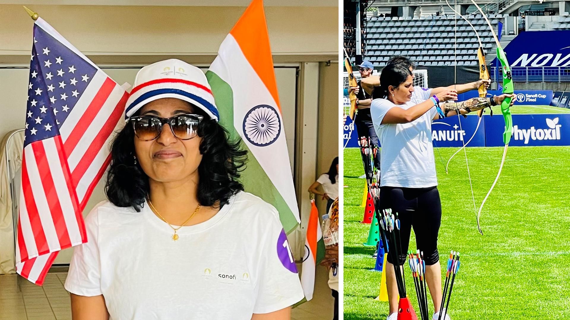 Collage of photos showing Sandhiya smiling at the camera in sunglasses while she stands next to the American and Indian flags, and standing in a shooting stance with a green bow and arrow while she sets up to take a shot at the target.