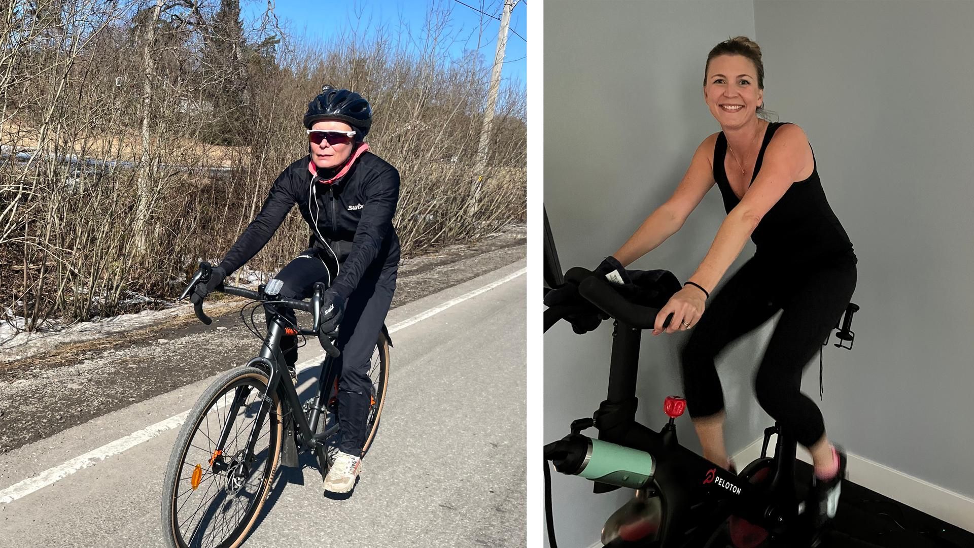 Christina Tekle, right, riding outdoors on her mountain bike wearing black pants, jacket and helmet, and Tara Nazarenko, left, riding indoors on her stationary bike wearing a black tank top and black dropped pants.