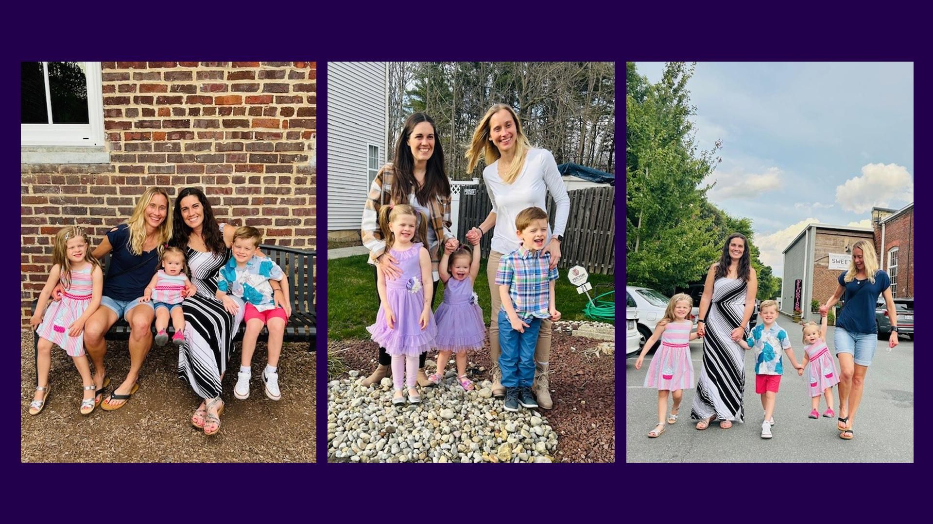 a collage of three images showing Amy and her wife spending time with their three children
