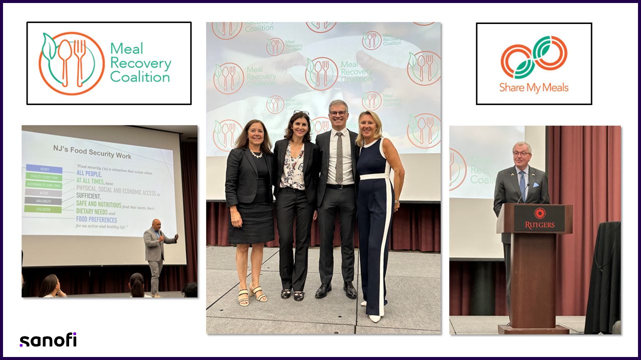 A college on a white background includes the “Meal Recovery Coalition” logo, “Share My Meals” logo, and three photos for the programs launch event. One photo shows a man giving a presentation about food security, a second photo includes three Sanofi employees and the CEO of Share My Meals standing on stage during the event, and the final photo shows Governor Phil Murphy speaking a podium.