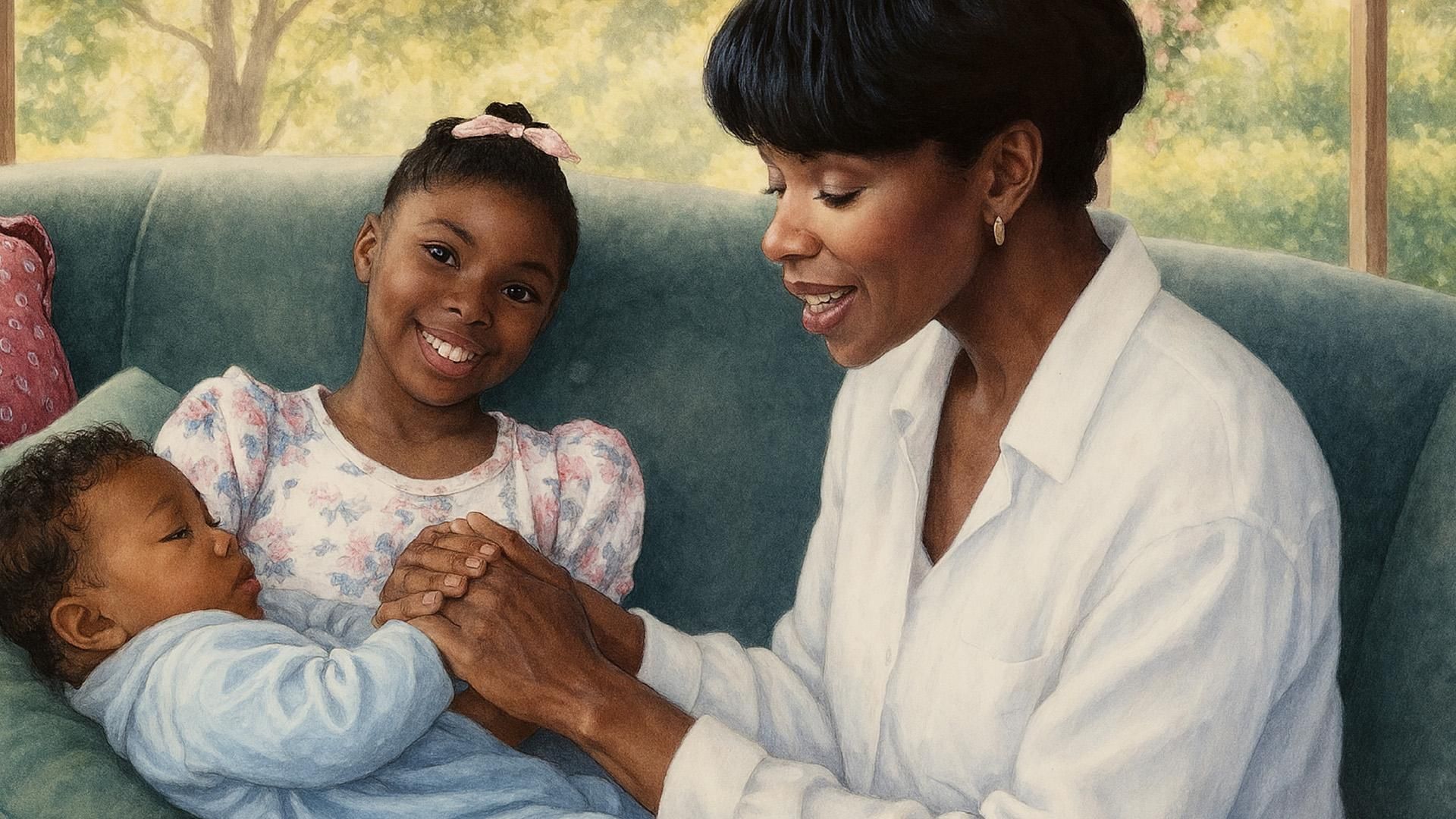 Portrait of Stacy Dixon smiling with her children.