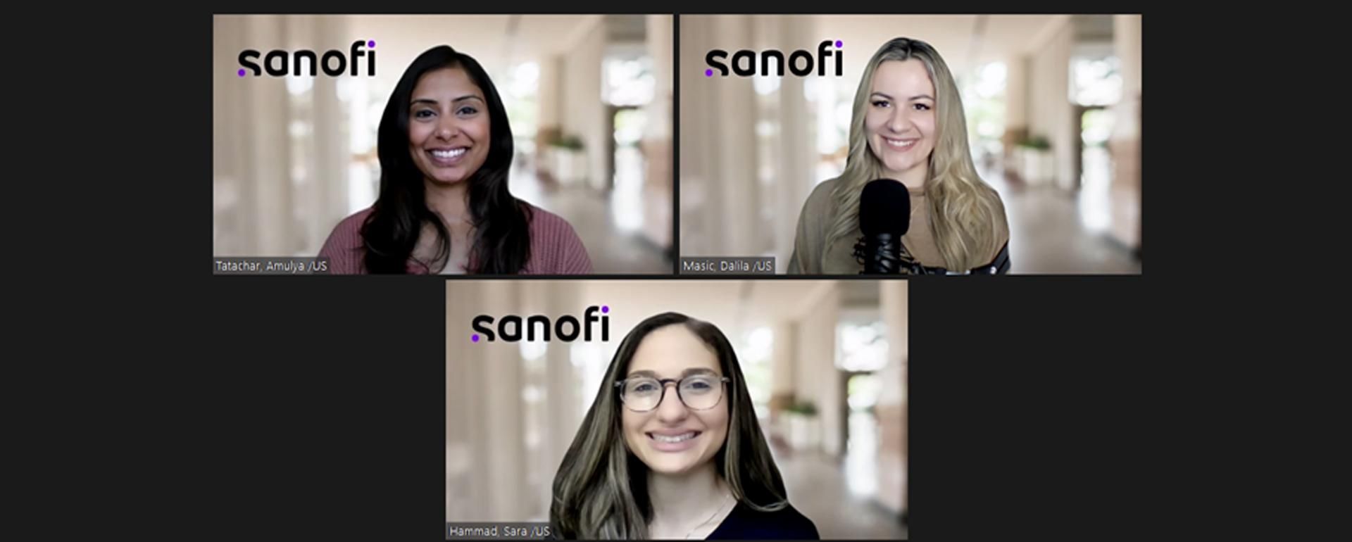 Zoom screenshot of three women participating in a podcast recording.