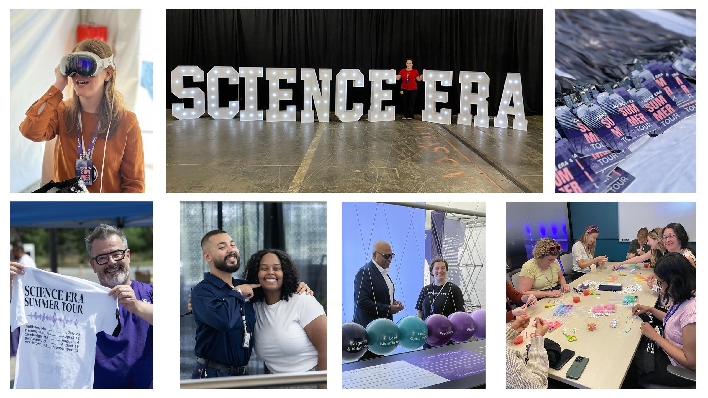 Collage of three images: A woman wearing a VR headset with an orange jacket and tour badge; a man and woman with their arms around each other smile at the camera in a photo booth; and two people demonstrating a drug development pathway using a string of colored balls.
