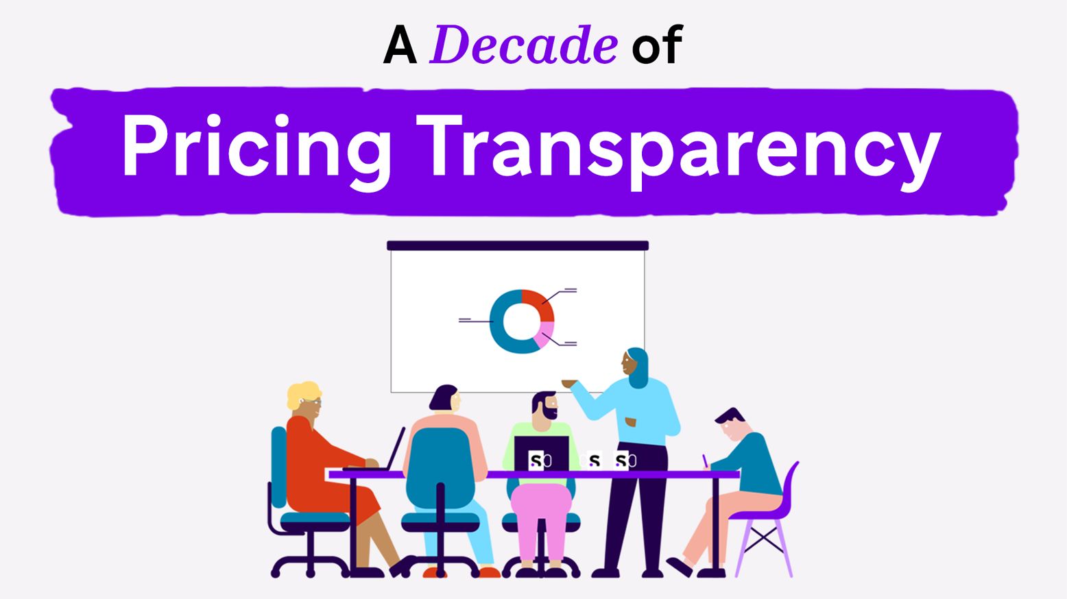 Illustration of a team meeting: five people sit around a conference table while one person stands and presents a pie chart on a screen.
