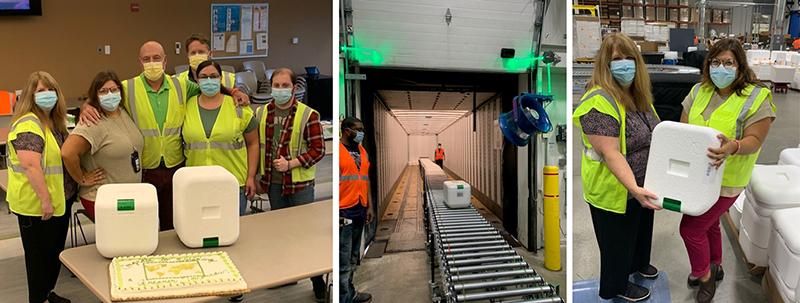 A collage of three images showing Lisa with her packaging team and the sustainability cooler.