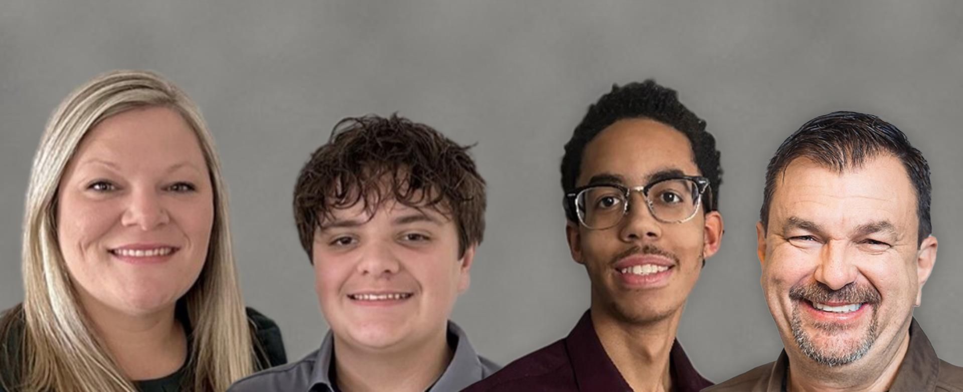 Alicia, Landon, CJ, and Alex smile for a headshot photo