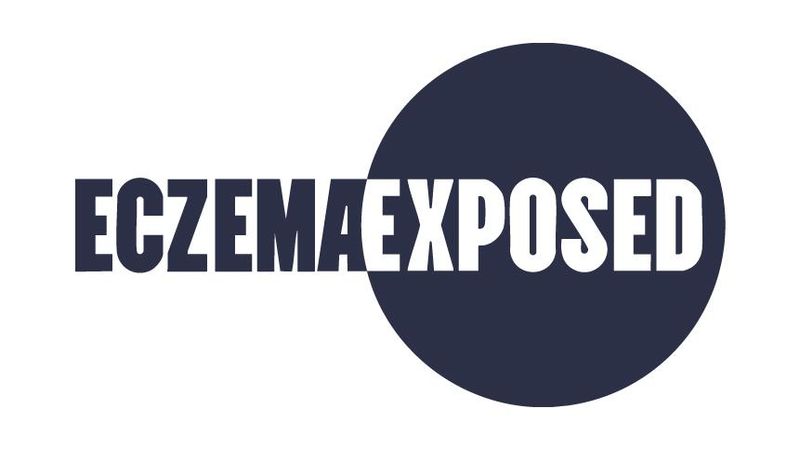 Eczema Exposed logo featuring a dark navy-blue circle with the words 'ECZEMA' in bold sans-serif font and 'EXPOSED' in a condensed modern sans-serif font, both in white uppercase letters on a white background.
