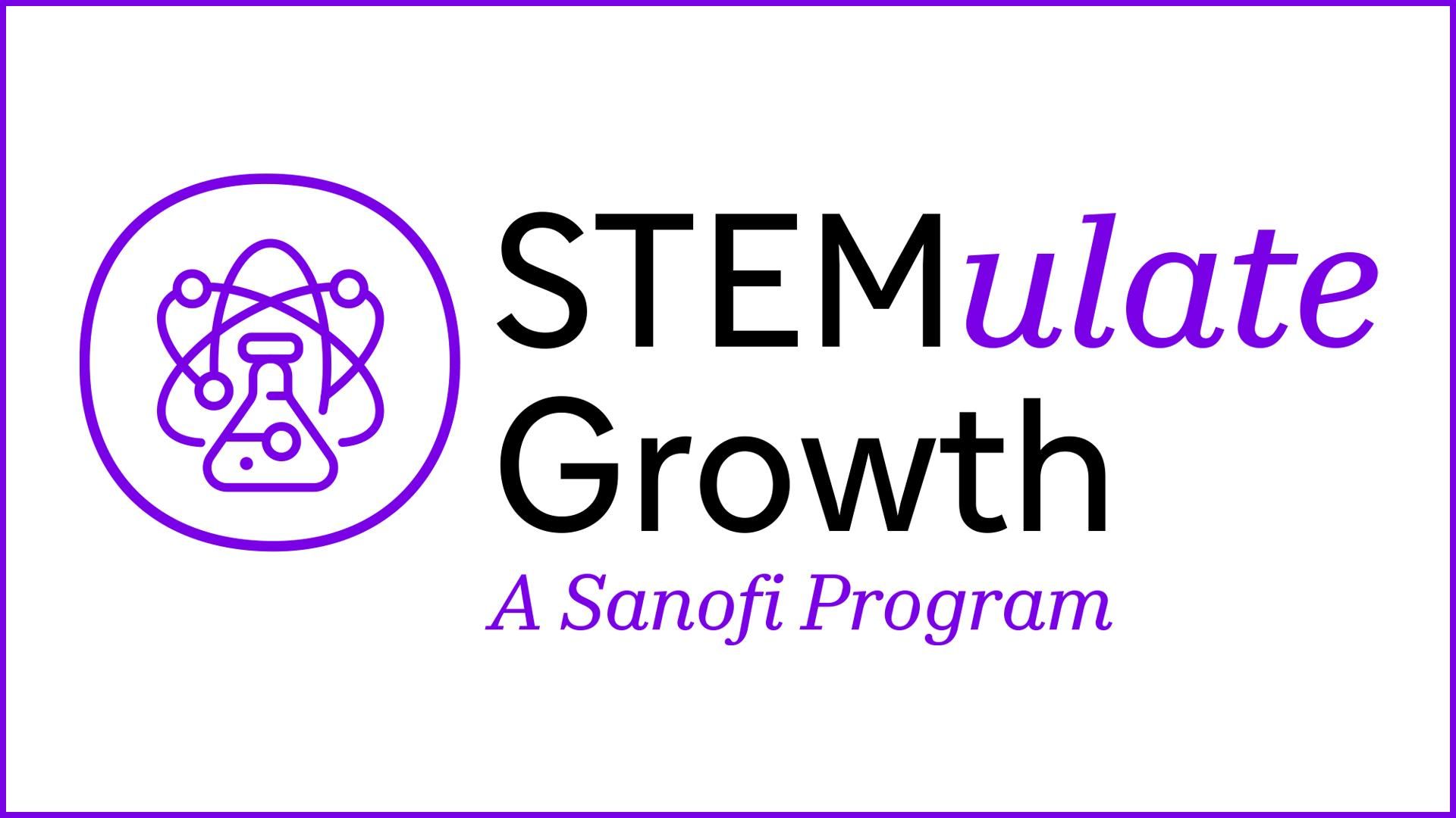 The logo for the Sanofi STEM Education Program features a purple atom icon with a flask at its center, alongside the phrase 'STEMulate Growth' with 'STEM' in black and 'ulate' in purple.