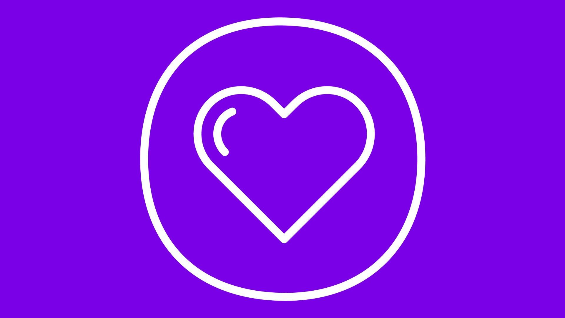an outline of heart surrounded by a white outlined circle on a purple background