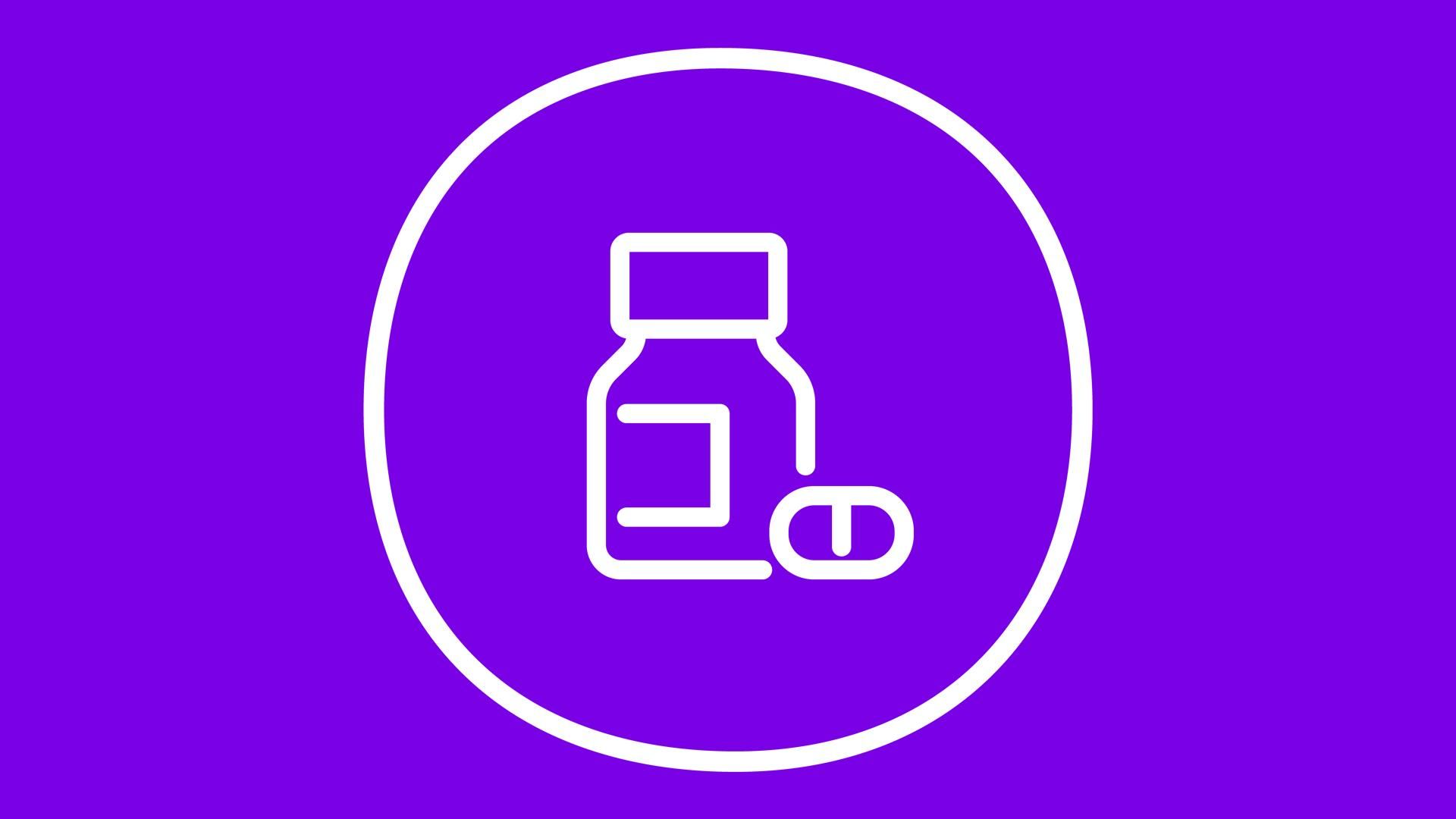 an outline of bottle of pills surrounded by a white outlined circle on a purple background