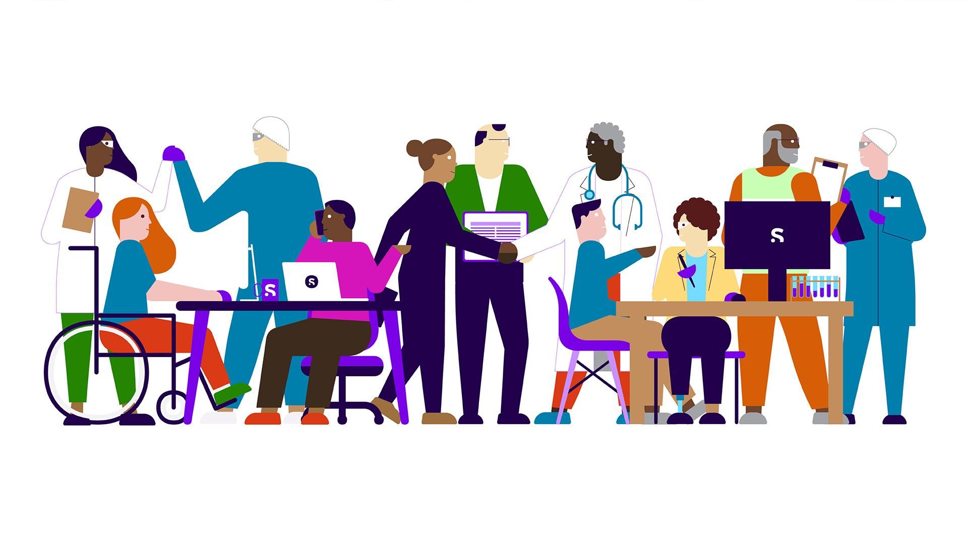 an illustrated group of diverse people in different jobs including medical personnel, lab technicians, construction workers, office and logistics workers.