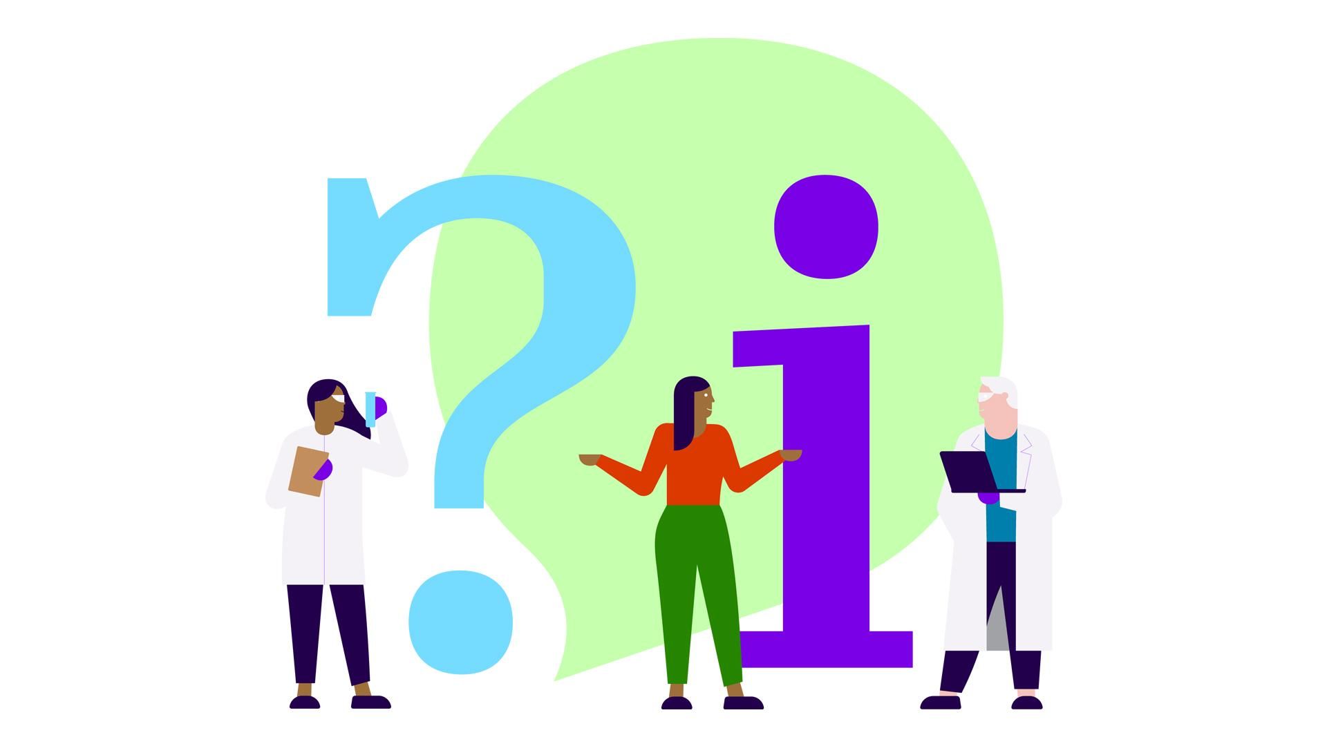 Giant question mark and green speech bubble with three illustrated figures in the foreground.