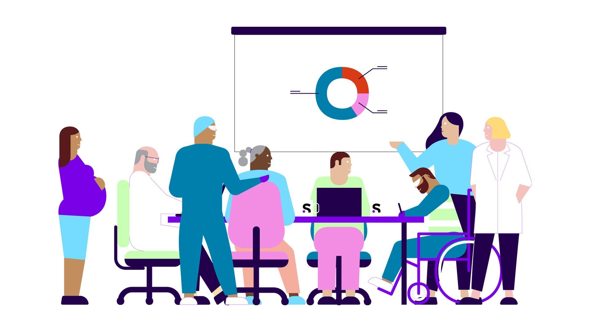An illustrated group of lab techs, doctors, and employees of various ages and races stand in front of a pie chart.