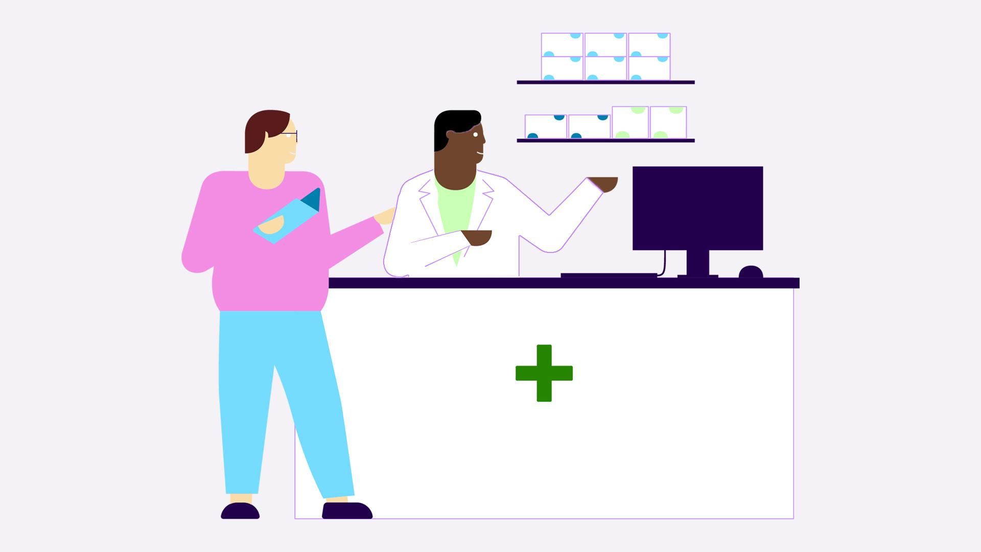 A female patient speaks to a male pharmacist.