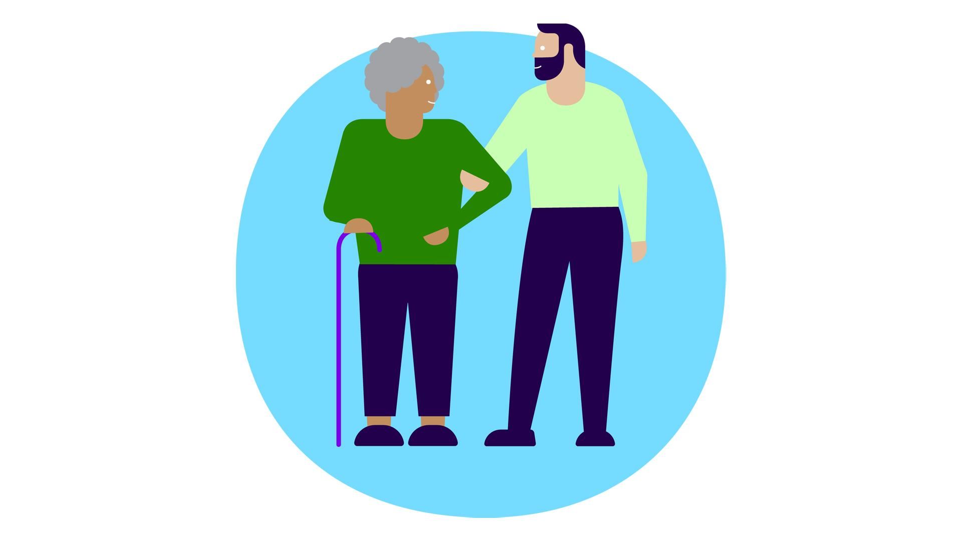 A bearded male helps an elderly female with a cane.
