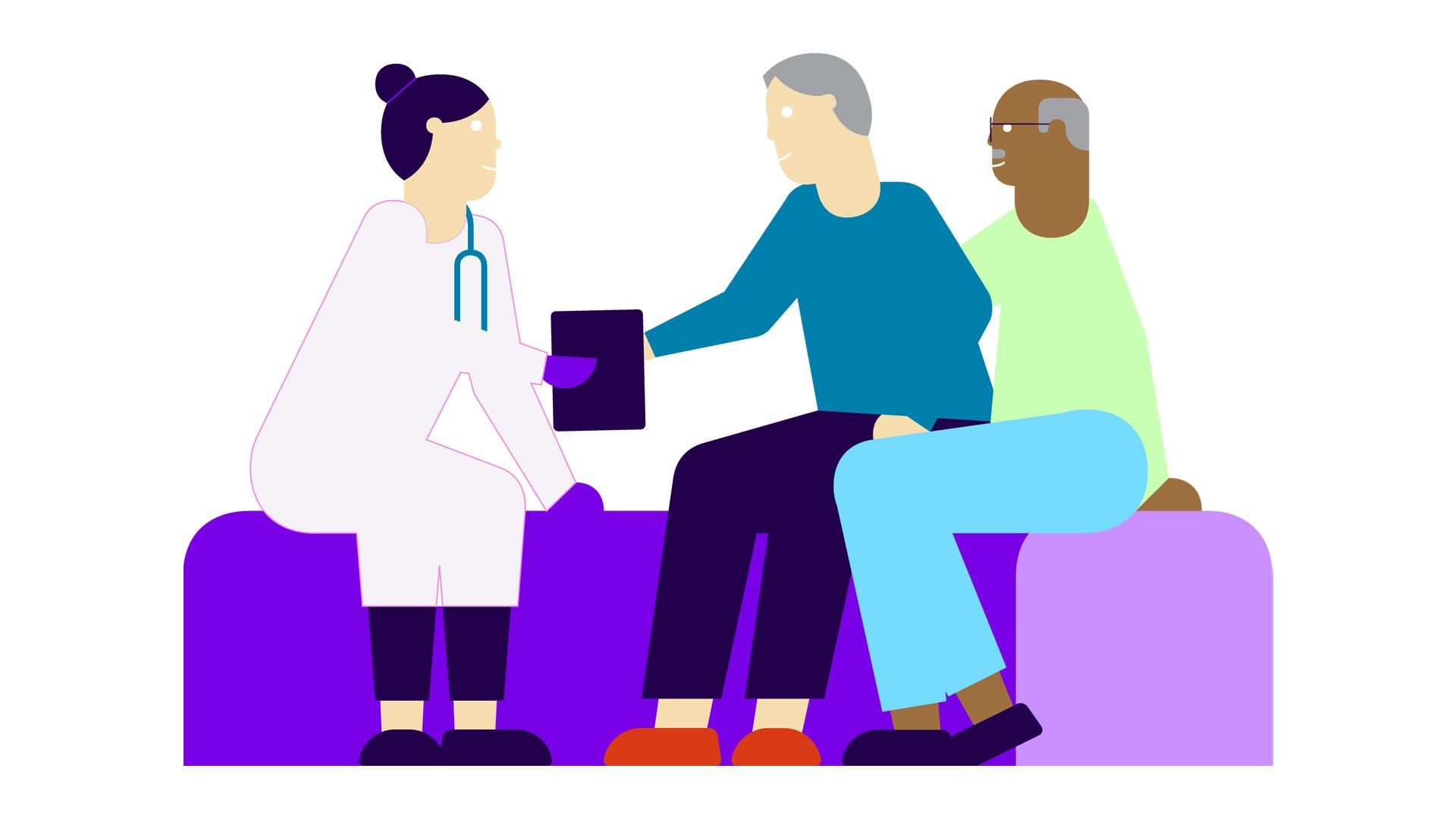 A female medical professional shows a tablet device to two patients sitting on a couch.