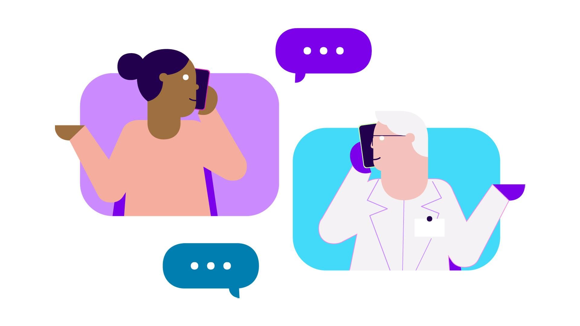 An African American female speaks to a white male medical professional on the phone.